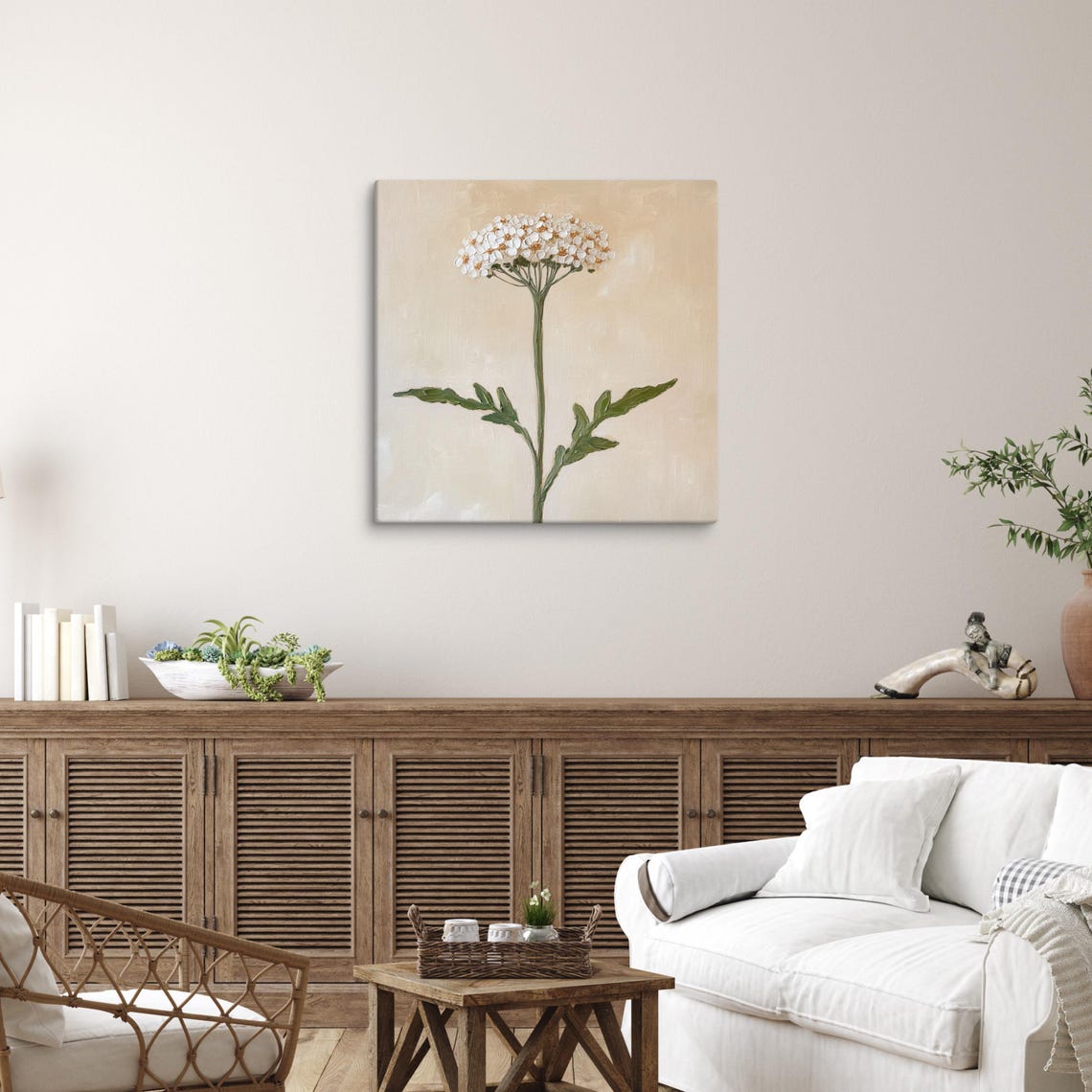 White Yarrow Flower Umbel Single Stem Beige Botanical Wall Art - Image 5