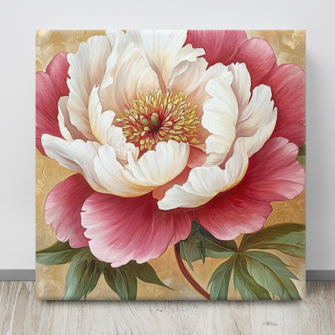 Pink and White Peony Golden Center Vintage Floral Painting Print - Image 4