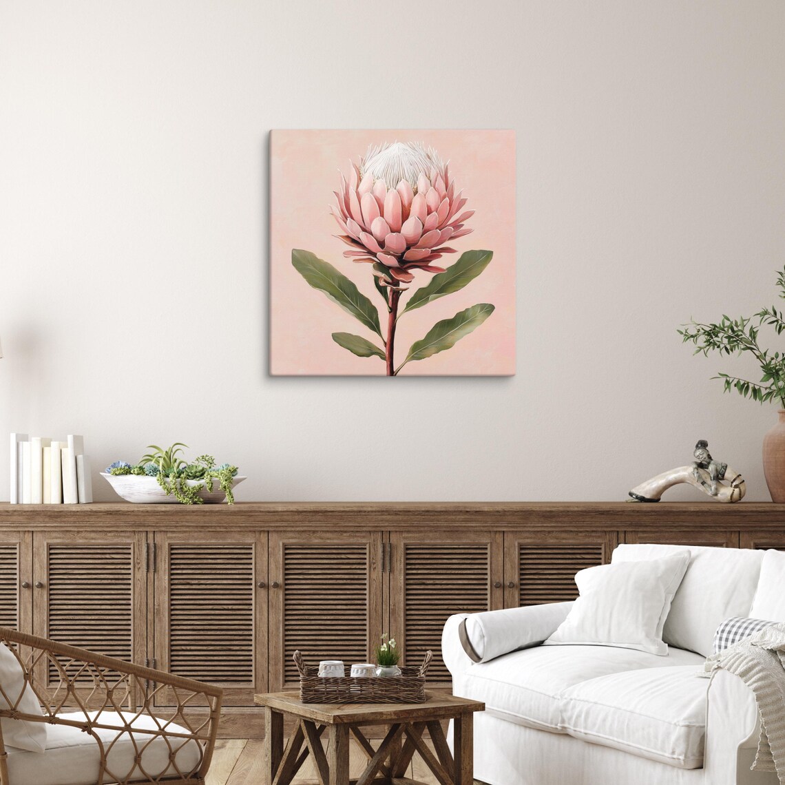 Pink Protea Flower Blush Background Exotic Floral Painting Art Poster - Image 5