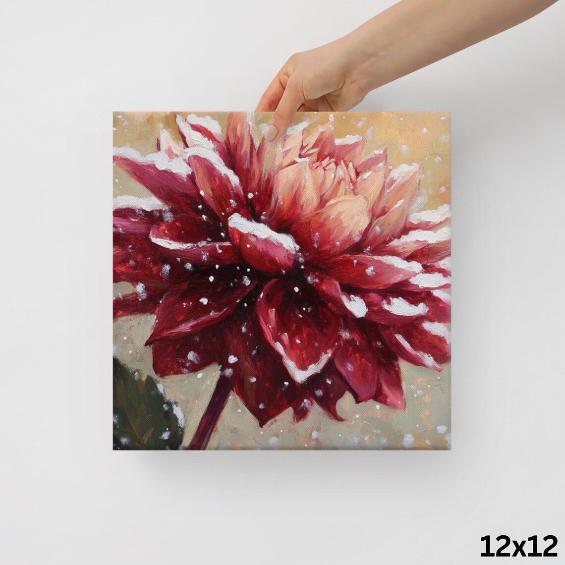 Red Dahlia Snow Dusted Petals Winter Floral Oil Painting Poster - Image 2