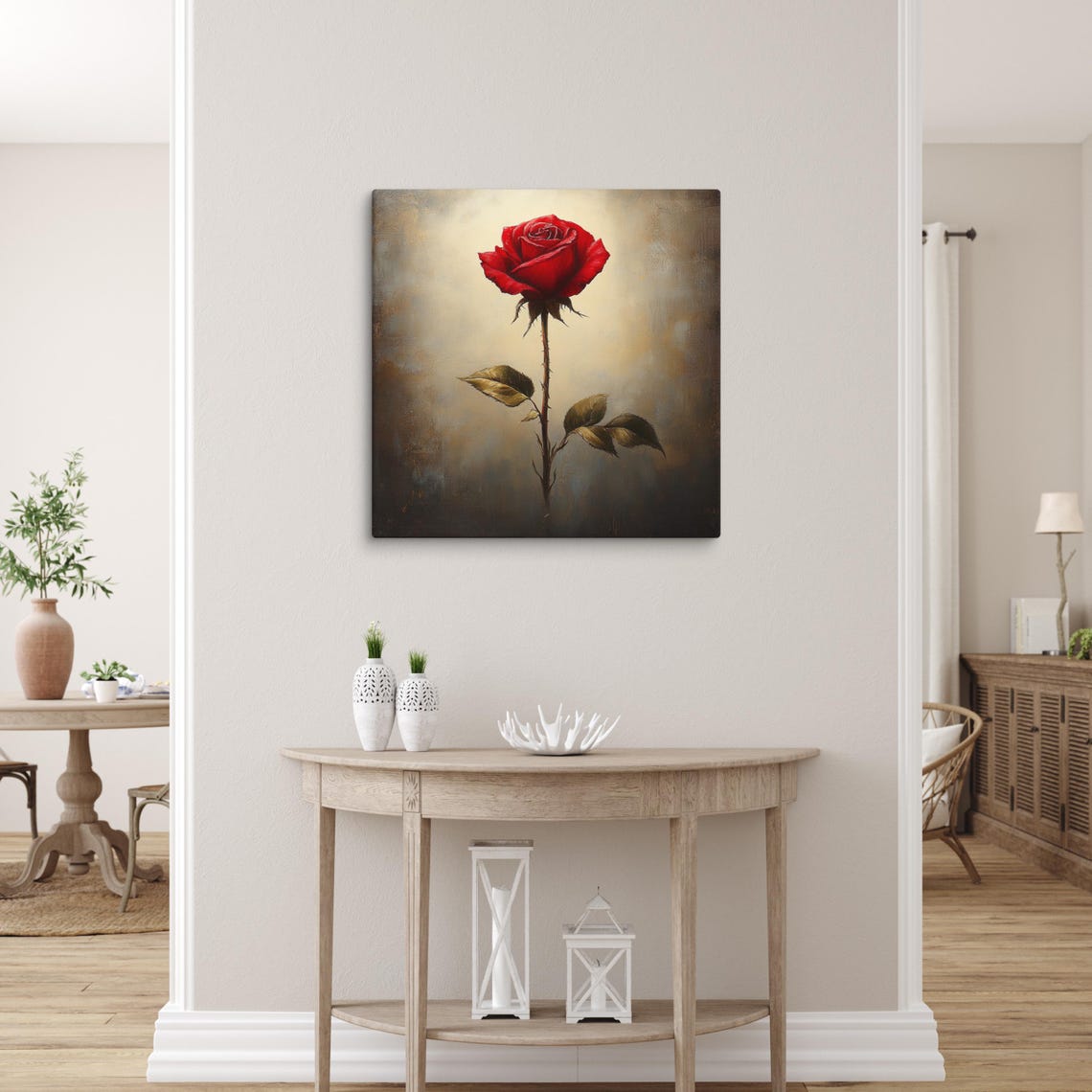 Single Red Rose Bloom Thorny Stem Vintage Painting Print Poster - Image 3