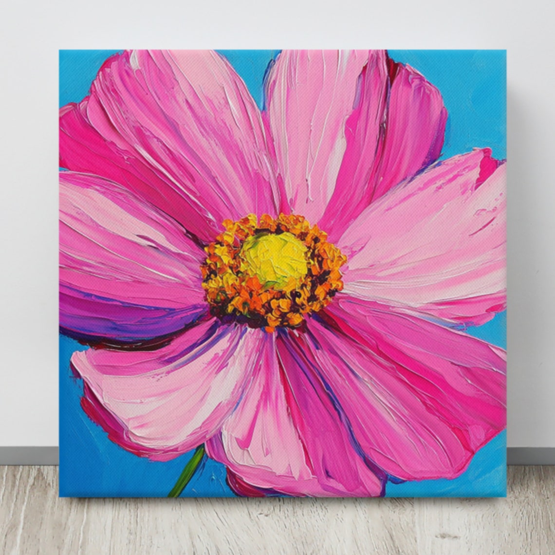 Bright Pink Cosmos Flower Blue Background Impasto Print Poster - Image 4