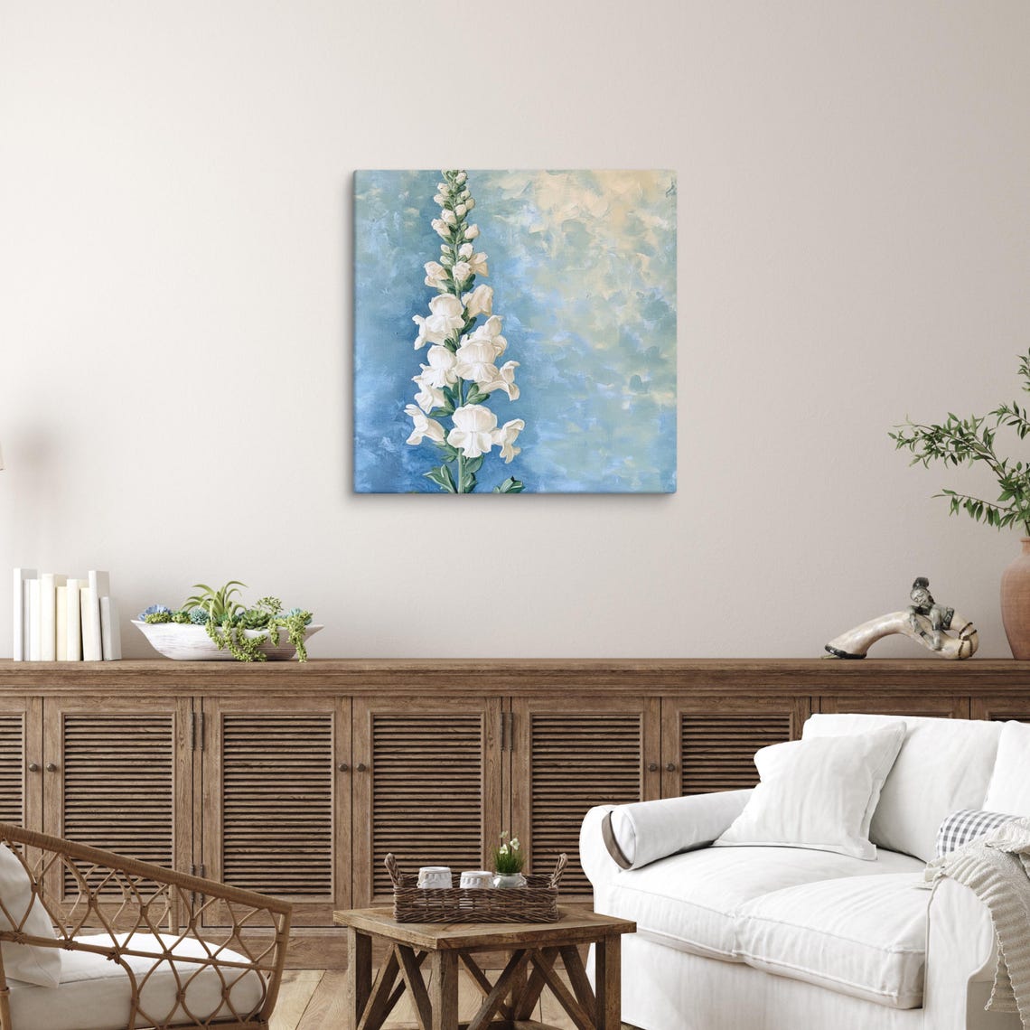 White Snapdragon Flower Spike Blue Sky Painterly Botanical Print - Image 2