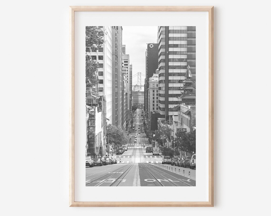 San Francisco Steep Street Bay Bridge Black and White Poster