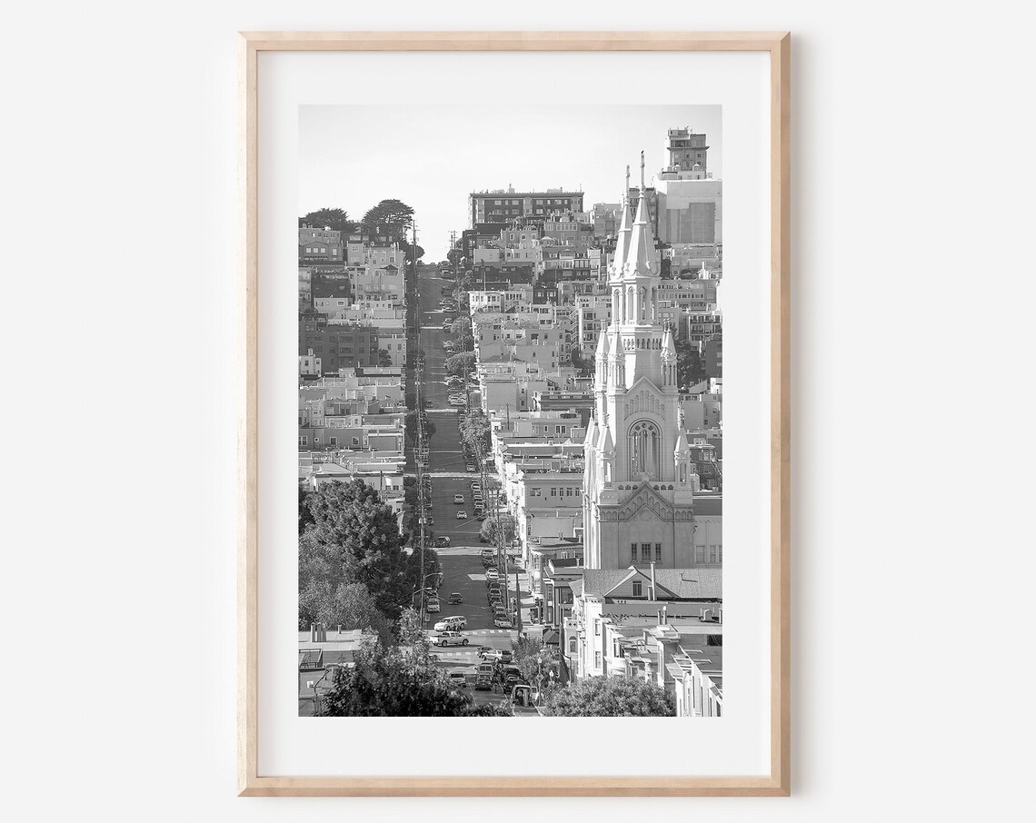 San Francisco Nob Hill Church Steep Street Black White Poster