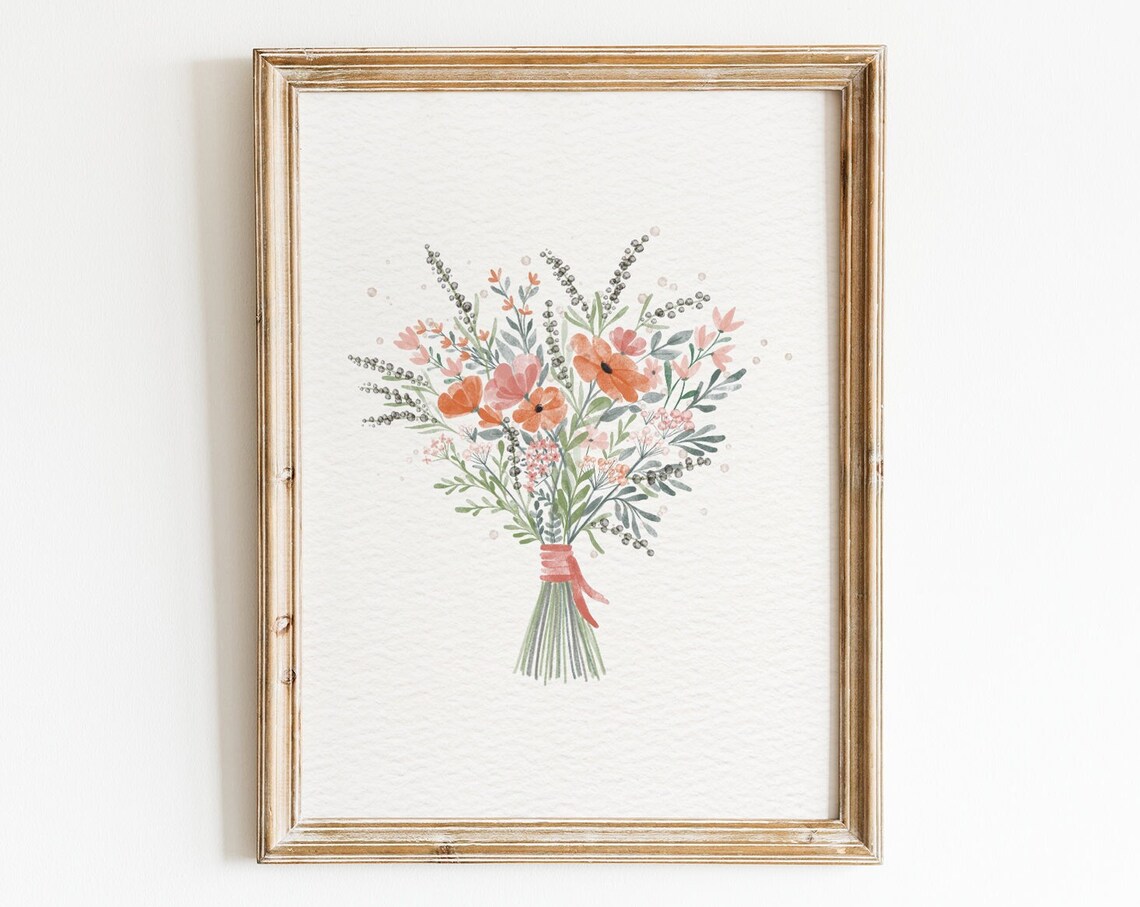 Wildflowers Watercolor Bouquet Art Print, Farmhouse Decor