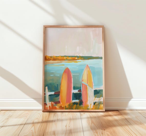 Two Bright Surfboards Standing on Sand by Turquoise Ocean Painting Poster