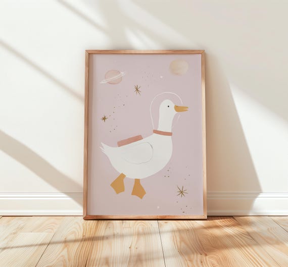 Whimsical Goose In Space Suit Art Silly Astronaut Playful Nursery Wall Fun Kids Room Decor Theme Print 75