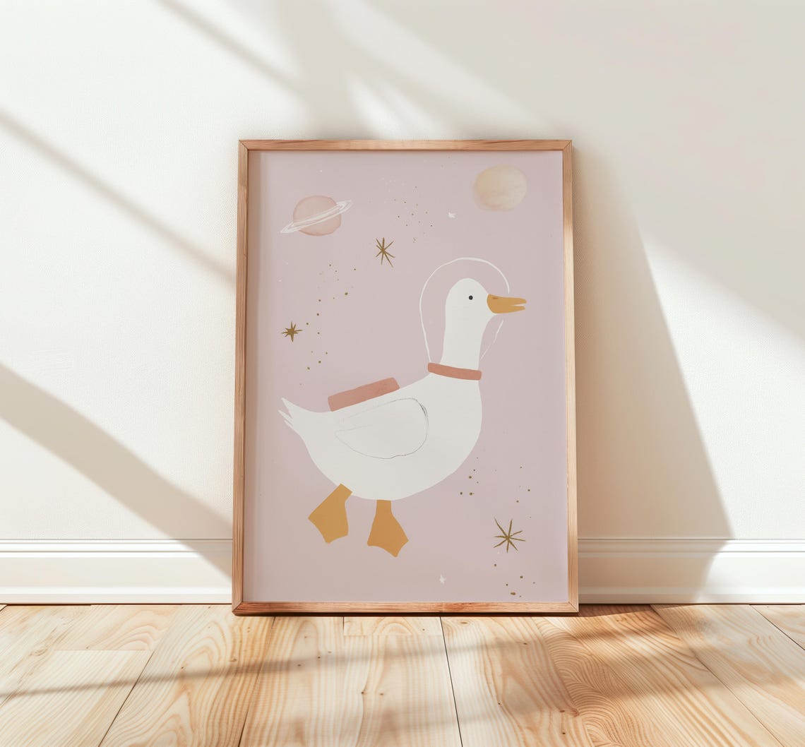 Whimsical Goose Astronaut in Space Suit Pink Galaxy Art Poster