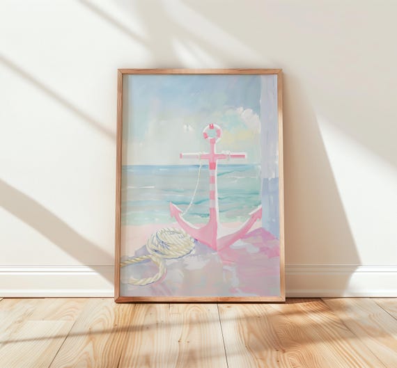Nautical Anchor Coastal Wall Art Beach Ocean Scene Boho Nursery Decor Pastel Watercolor Painting Peach Beige Tones 199