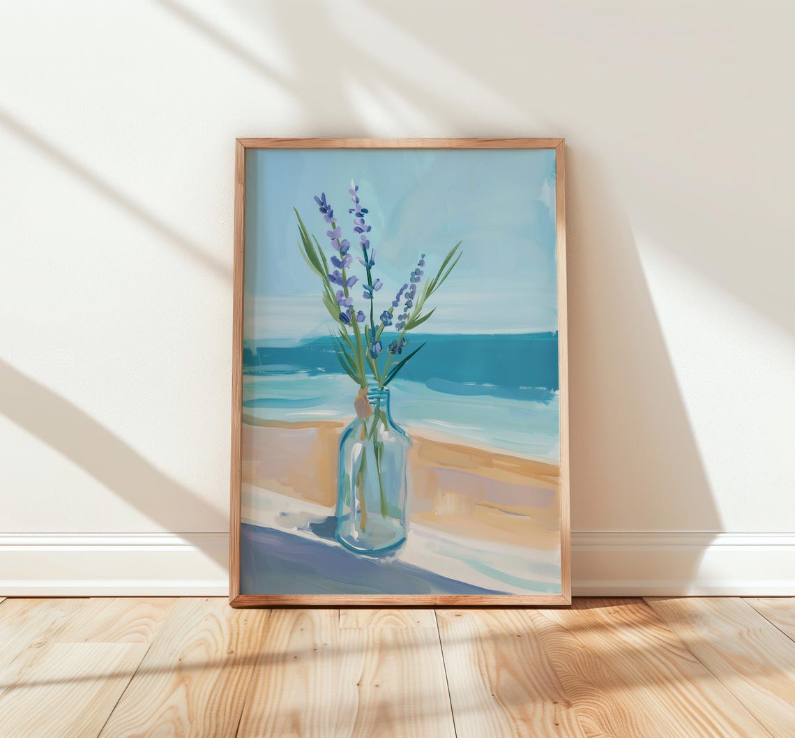 Pastel Lavender Bouquet in a Glass Vase by the Sea Art Poster
