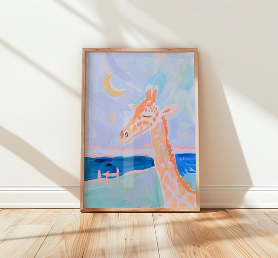 Dreamy Nursery Wall Art With Baby Giraffe Pastel Watercolor Starry Night Sky Whimsical Animal Decor Childrens Room Print 255