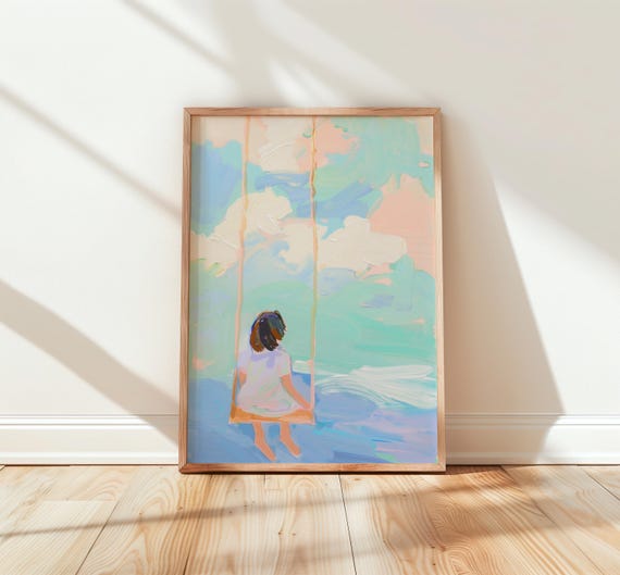 Child On Swing Under Pastel Clouds Dreamy Nursery Wall Art Gentle Mint Watercolor Kids Room Decor Soft Landscape 267