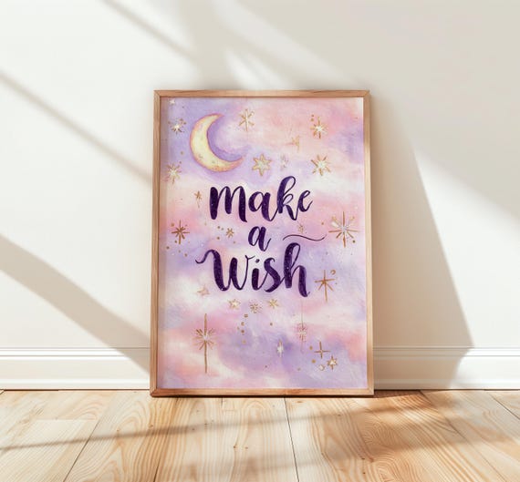 Make a Wish Moon Stars Nursery Poster Pastel Watercolor Kids Room Art