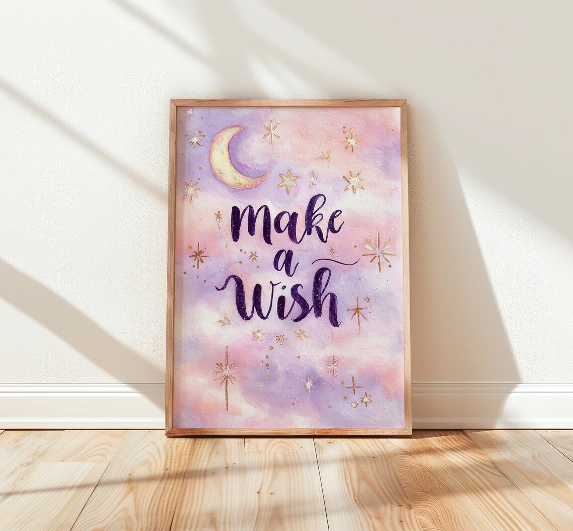 Make a Wish Moon Stars Nursery Poster Pastel Watercolor Kids Room Art