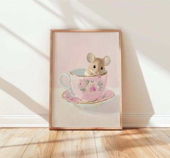Baby Mouse In Floral Teacup Nursery Wall Art Boho Watercolor Animal Decor Cute Room Print Pastel Peach 247