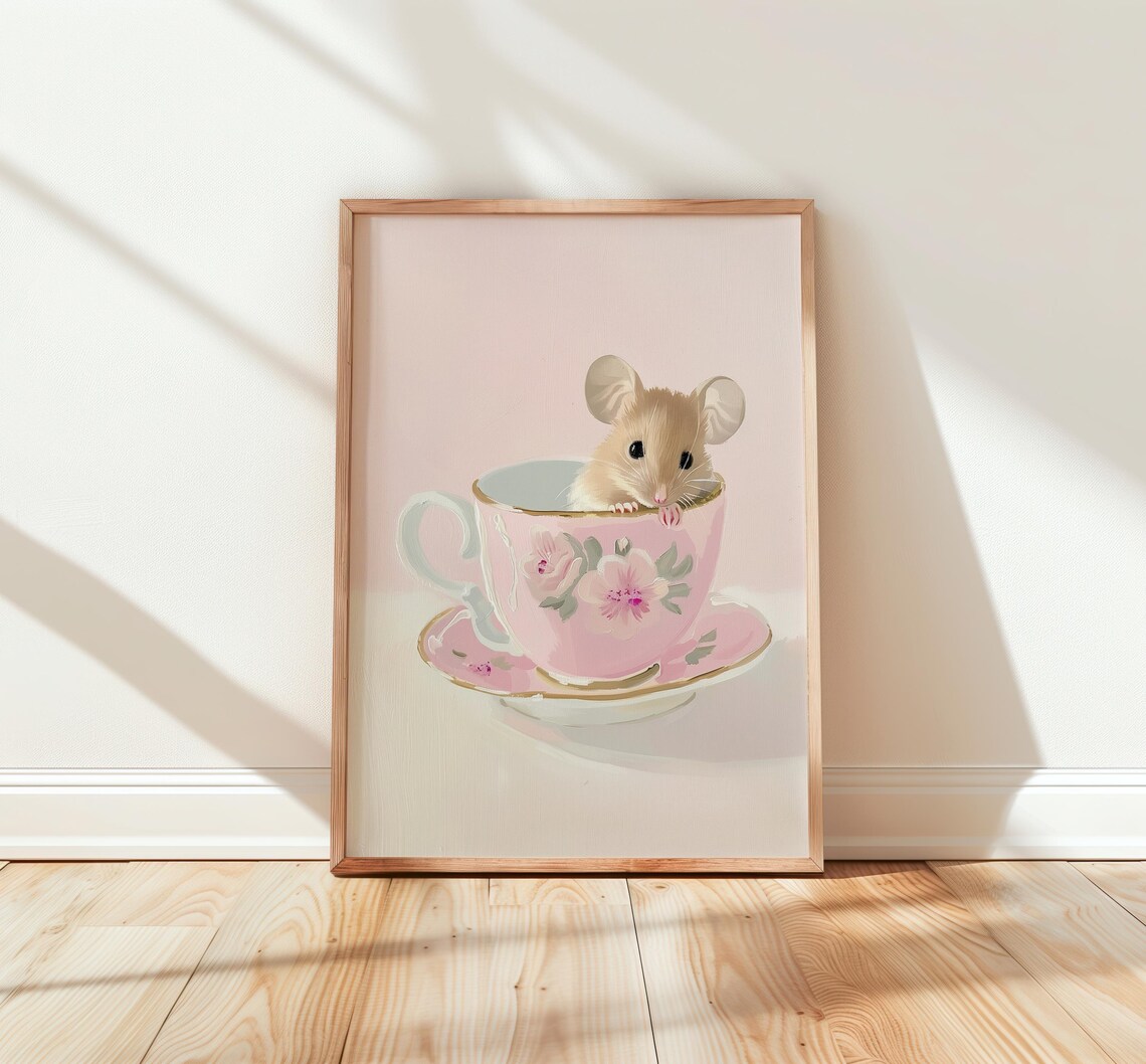 Baby Mouse in Pink Floral Teacup Watercolor Nursery Poster Gift