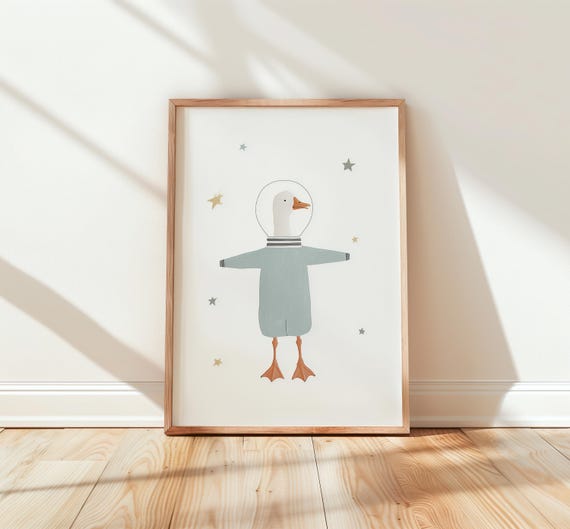 Whimsical Goose Astronaut Fun Nursery Wall Art Space Theme Decor Playful Illustration Kids Room Print 76