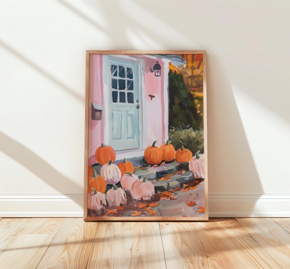 Pastel Pink Front Door Surrounded by Pink and Orange Pumpkins Fall Painting Poster