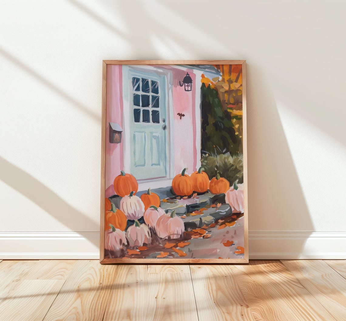 Pastel Pink Front Door Surrounded by Pink and Orange Pumpkins Fall Painting Poster