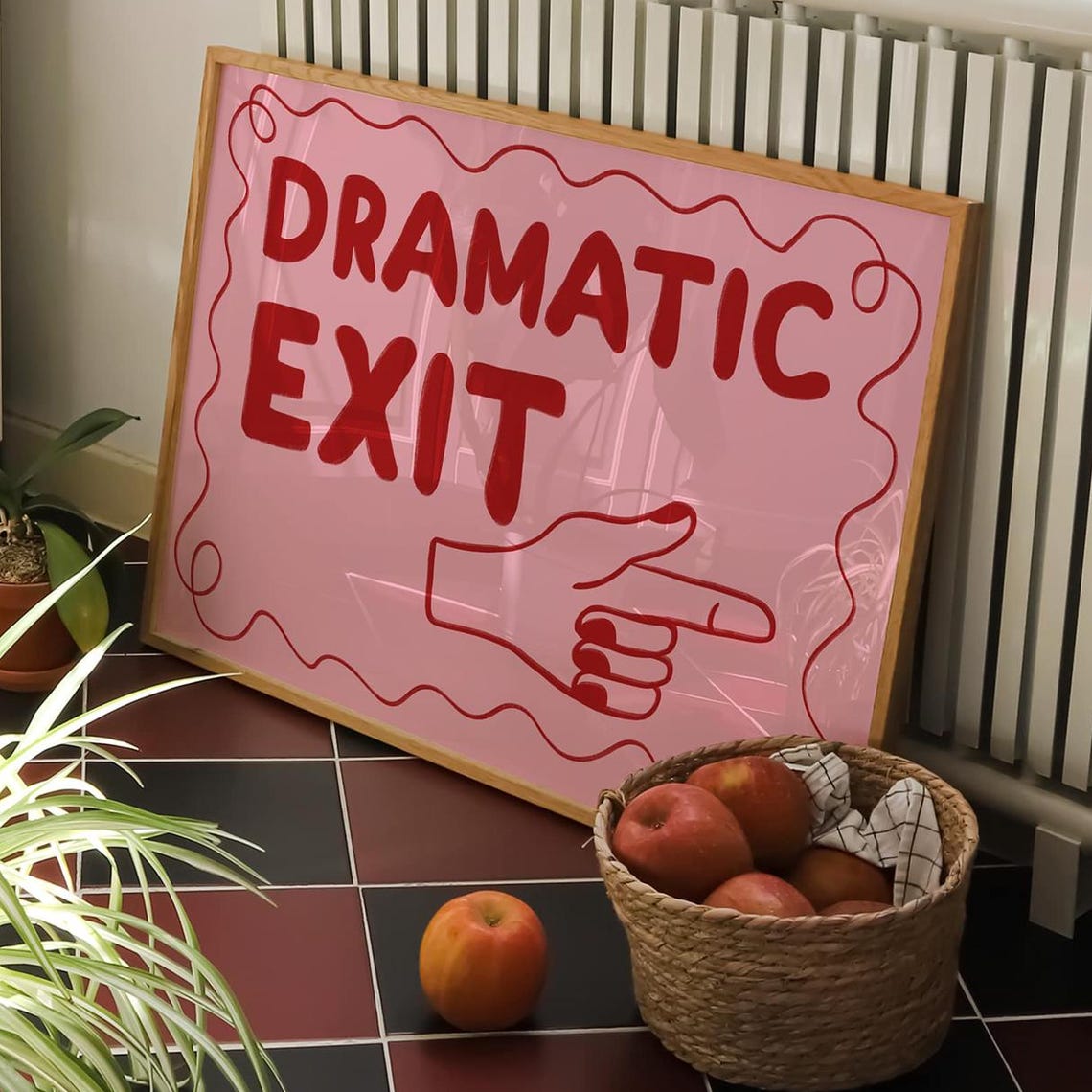 Dramatic Exit Pointing Hand Red on Pink Bold Typography Wall Art