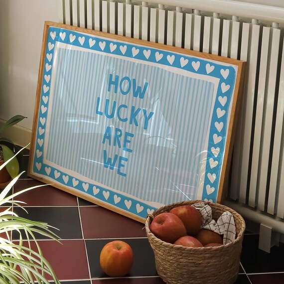 How Lucky Are We Blue Hearts Striped Preppy Typography Quote Wall Art