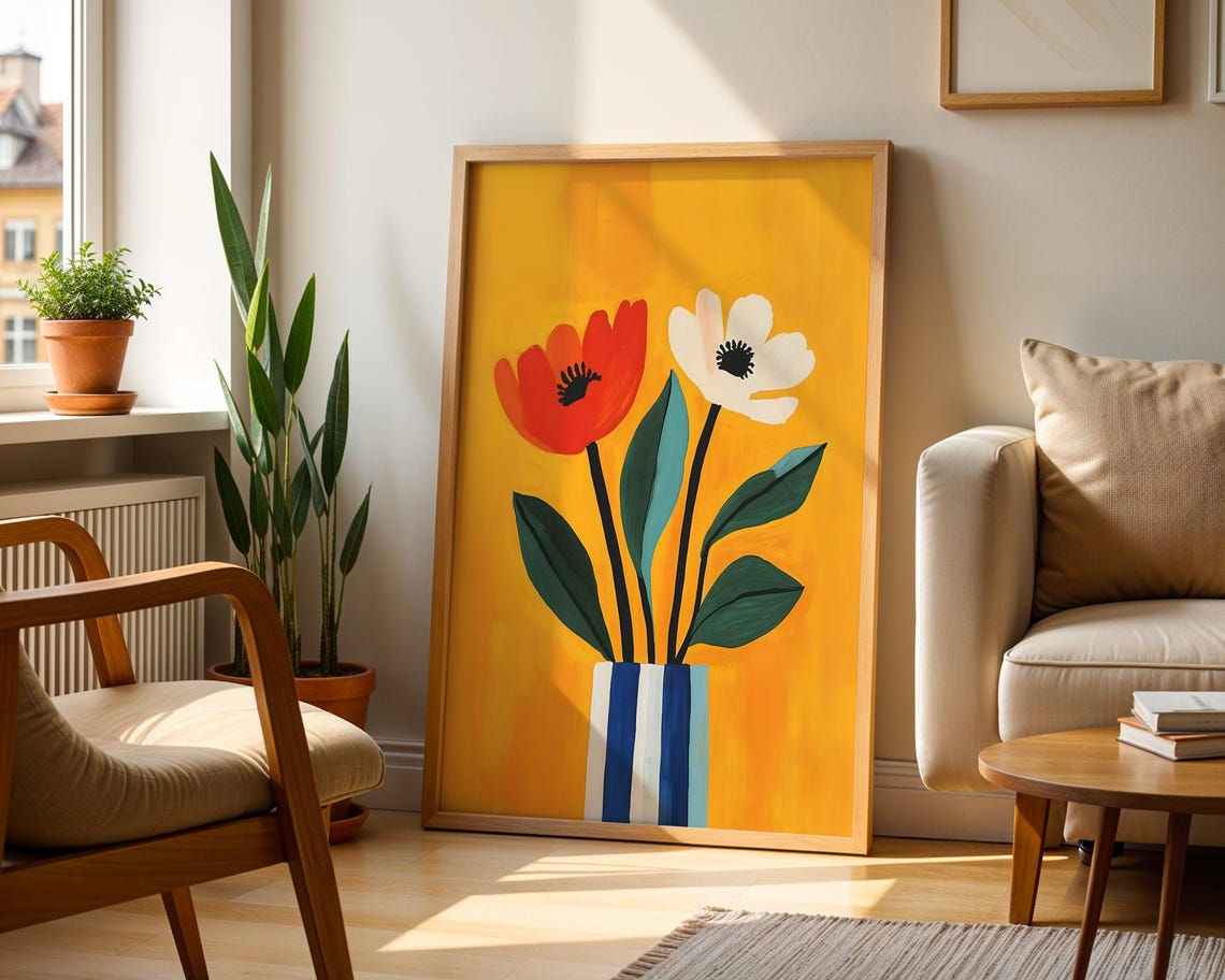 Bold Floral Wall Art Modern Flower Print Red White Poppies Colorful Vase Art Abstract Botanical Boho Home Decor - Image 2