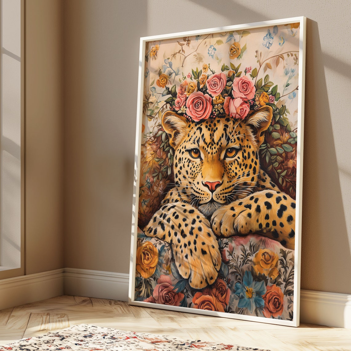 Boho Leopard With Pink Rose Crown Rustic Vintage Floral Art Poster - Image 4