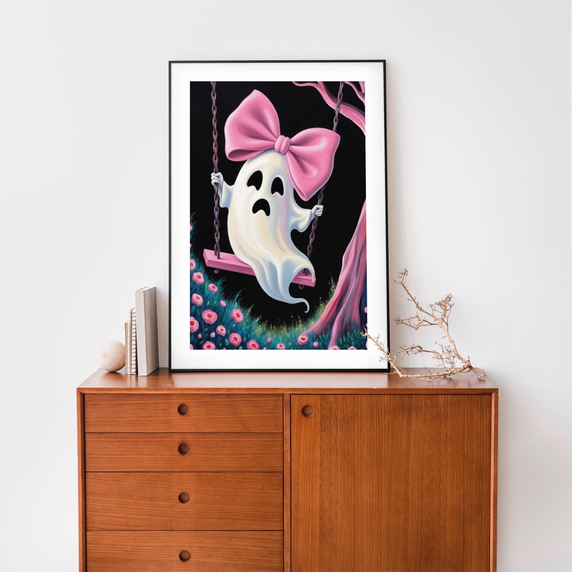 Cute Ghost With Pink Bow On A Swing Under A Pink Tree Halloween Poster - Image 3