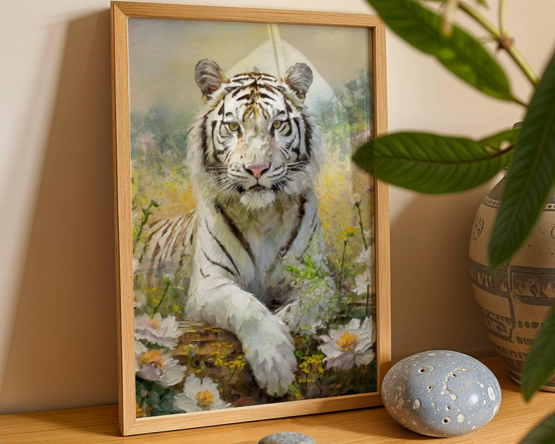White Tiger Resting Among Flowers Majestic Wildlife Oil Painting Poster