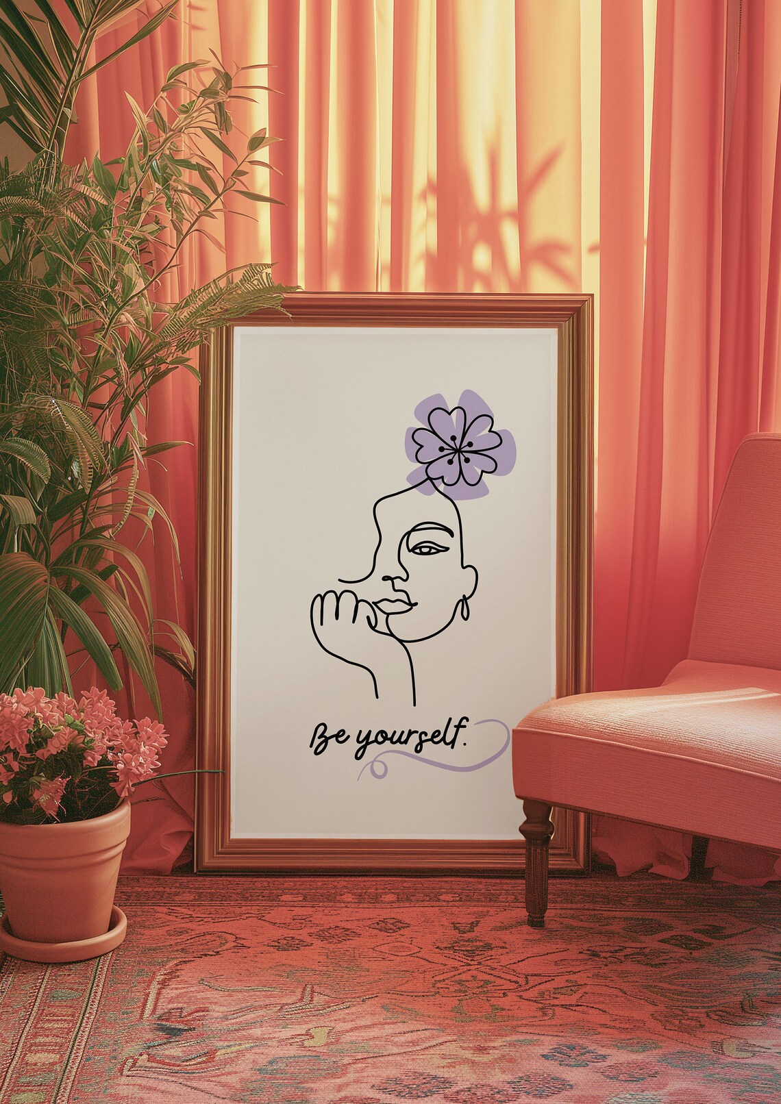 Be Yourself Minimalist Line Art Woman With Purple Flower Quote Poster - Image 2