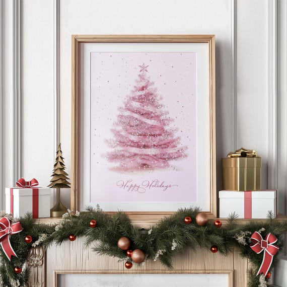 Pink Christmas Tree Poster, Whimsical Holiday Art