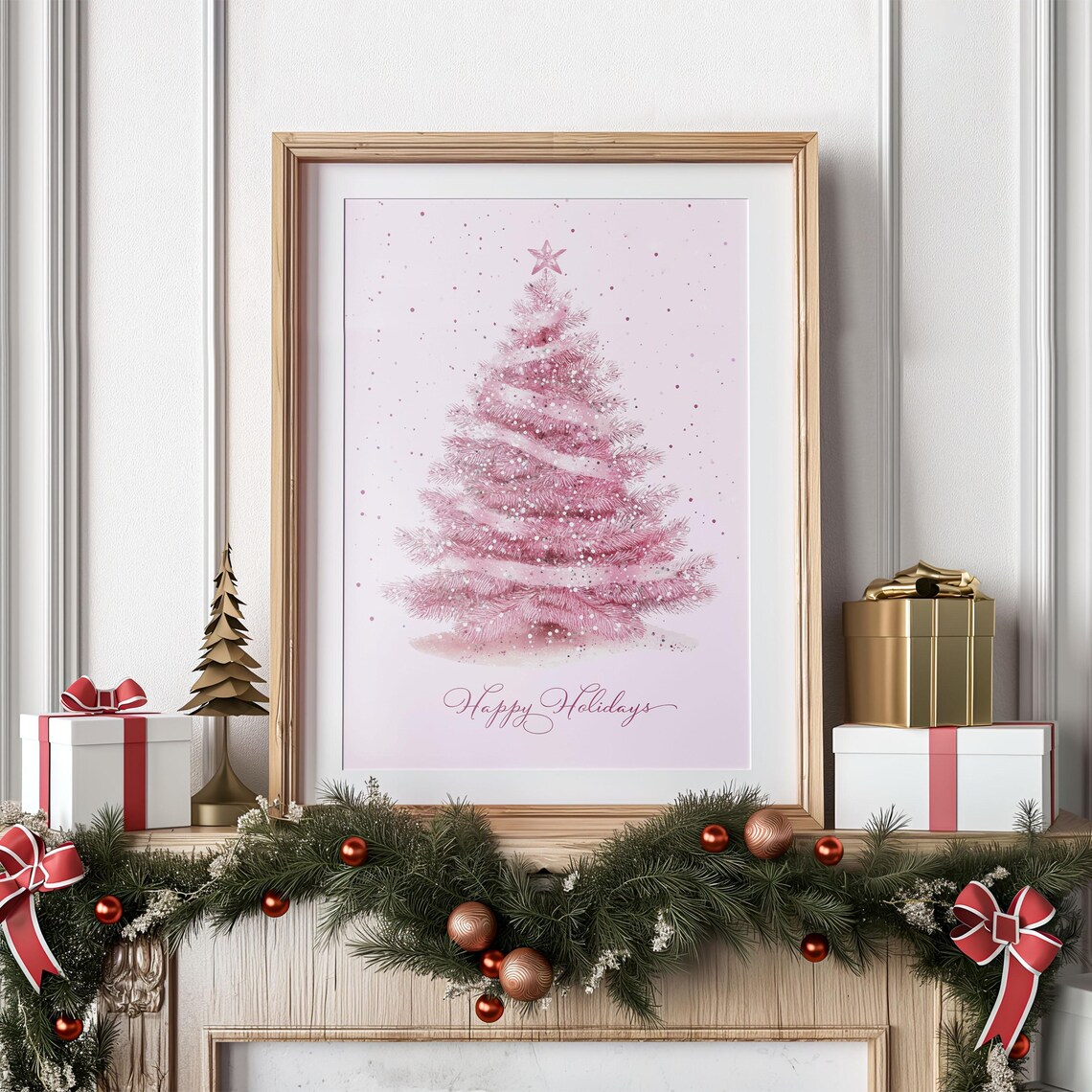 Pink Christmas Tree Poster, Whimsical Holiday Art