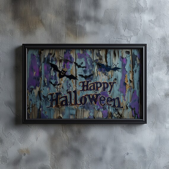 Happy Halloween Rustic Wood Sign Bats Spooky Fall Decor Poster