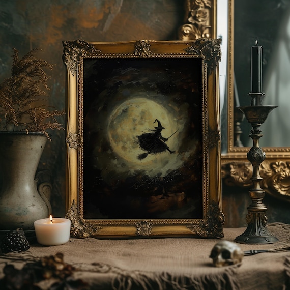 Full Moon Witch Art Print Spooky Halloween Decor