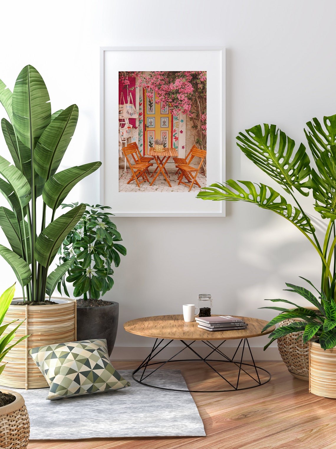 Colorful Yellow Painted Door Cafe Table Bougainvillea Wall Art - Image 2