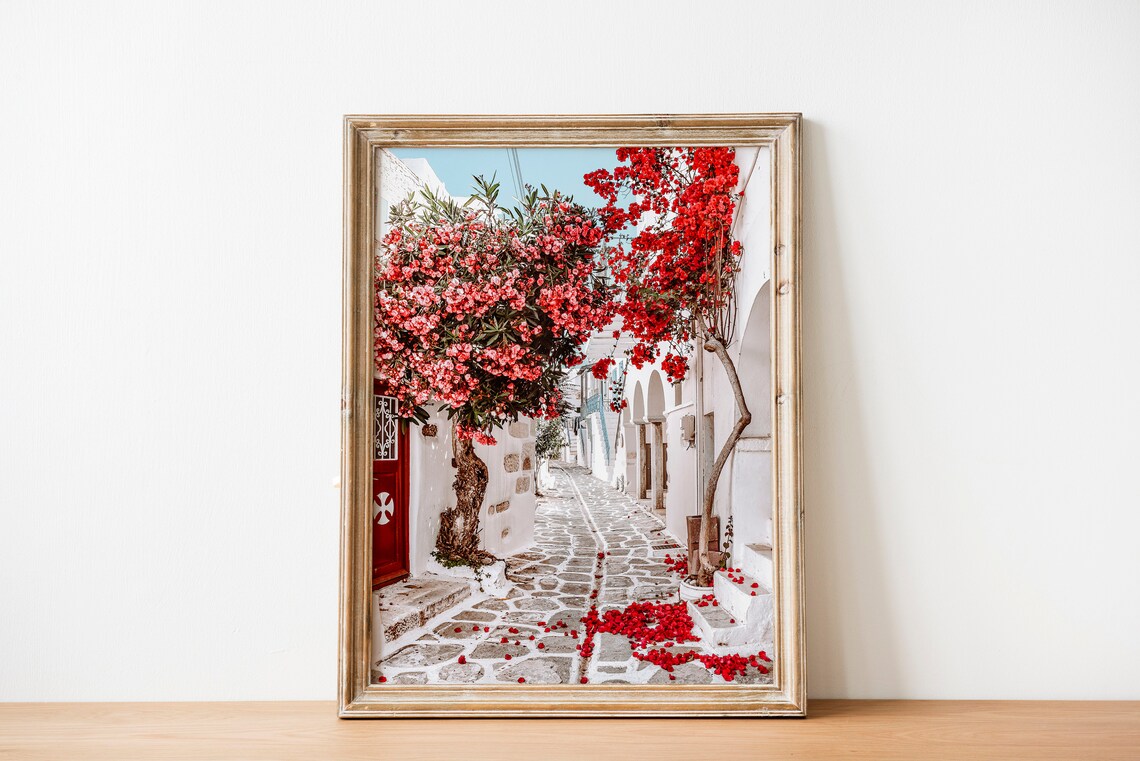 Paros Greek Street With Red Bougainvillea Bloom Floral Wall Art - Image 3