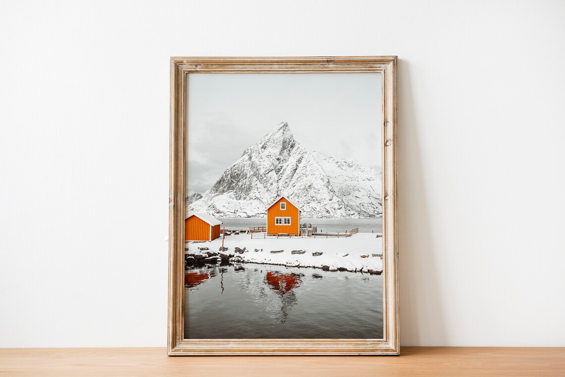 Norway Red Cabin Snow Mountain Fjord Winter Landscape Photo Poster - Image 3