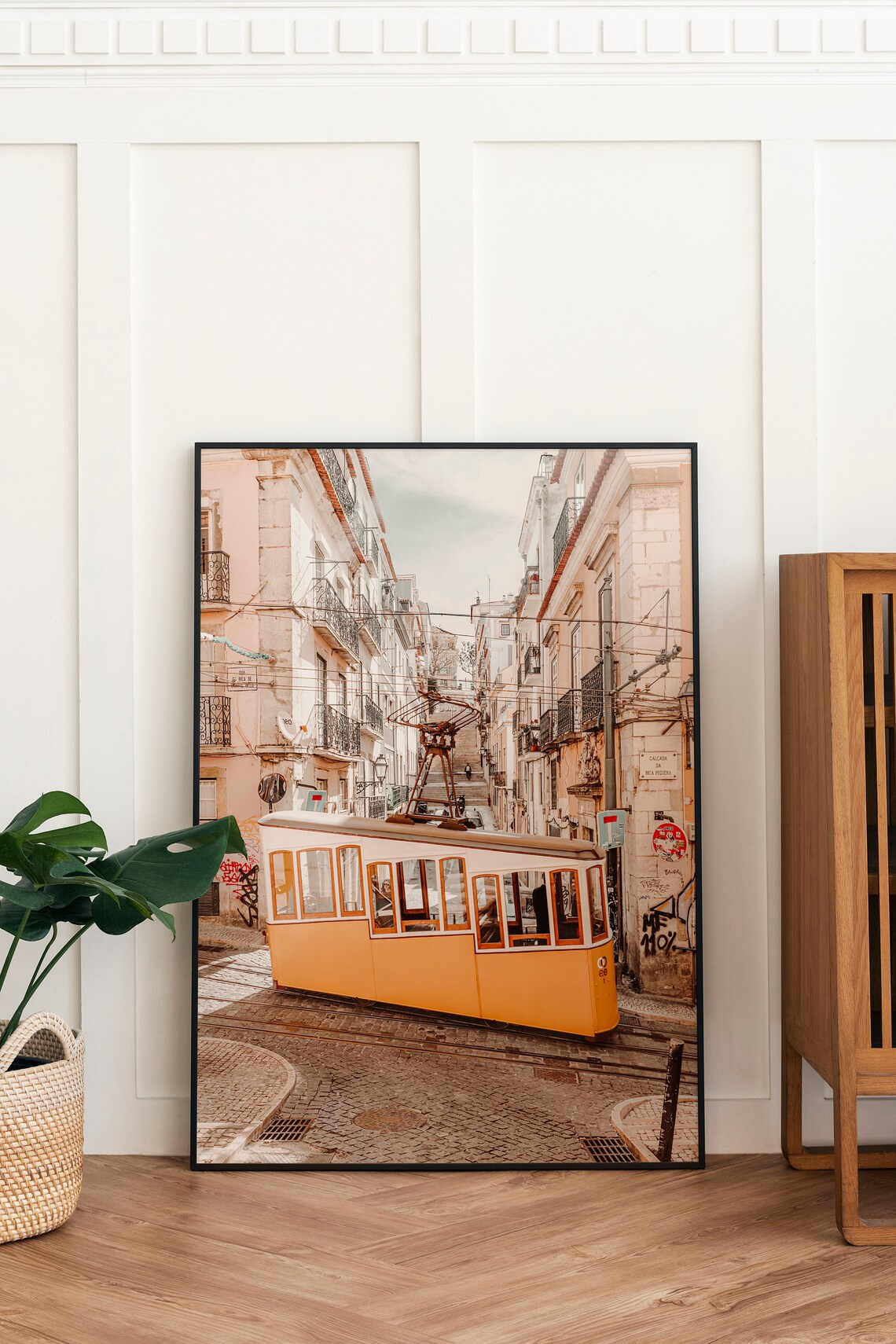 Lisbon Yellow Tram Climbing Cobblestone Street Vintage Wall Print - Image 2