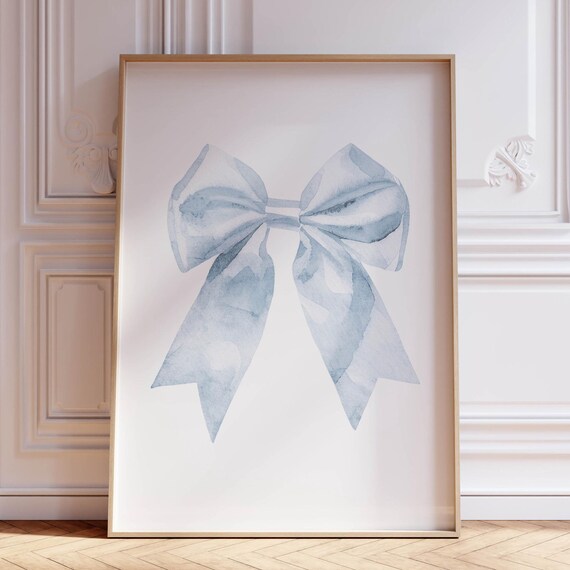 Large Elegant Light Blue Watercolor Bow Coquette Preppy Wall Art