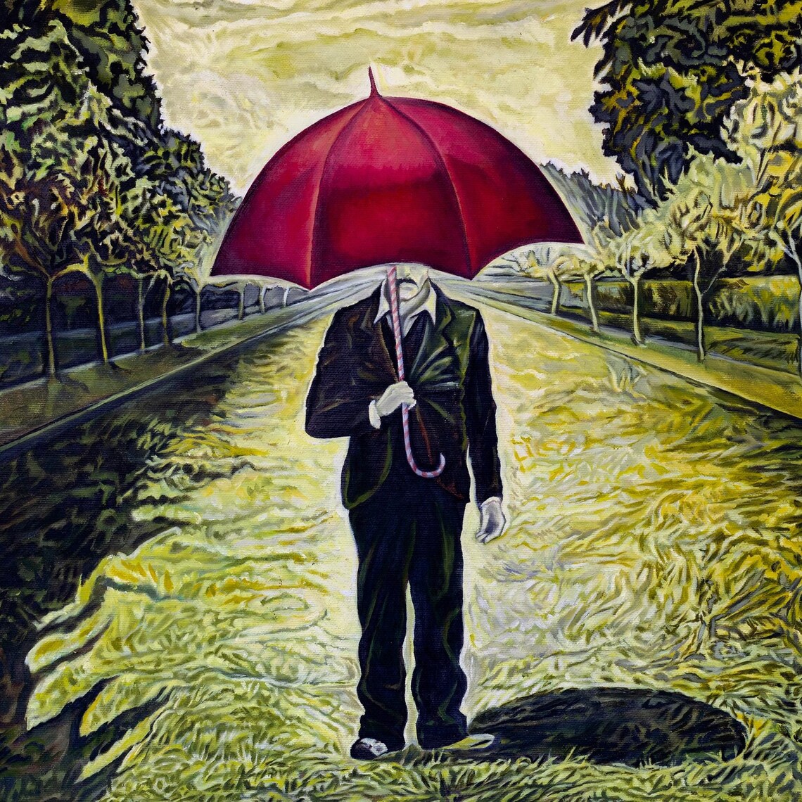 Red Umbrella Expressionist Yellow Green Landscape Art Poster - Image 5