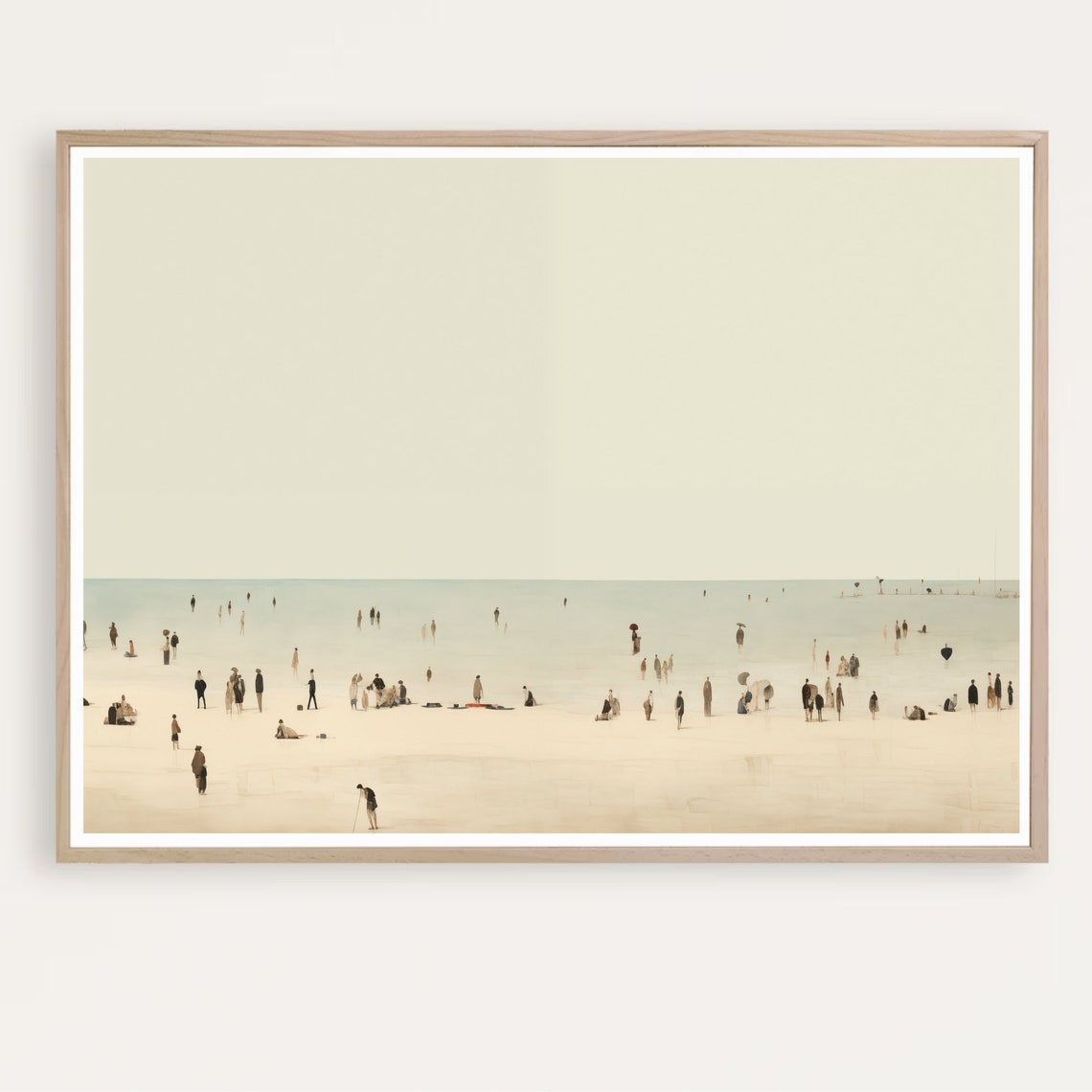 Minimalist Beach Scene Tiny Figures on Pale Warm Sand Wall Art
