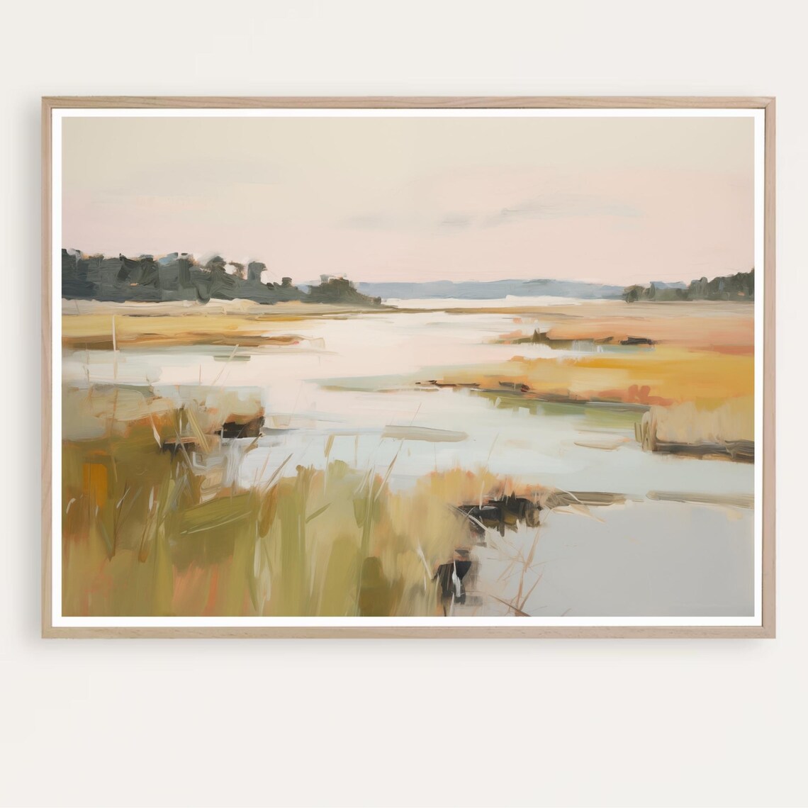 Golden Coastal Marsh at Sunset Wetlands Landscape Painting Art Print