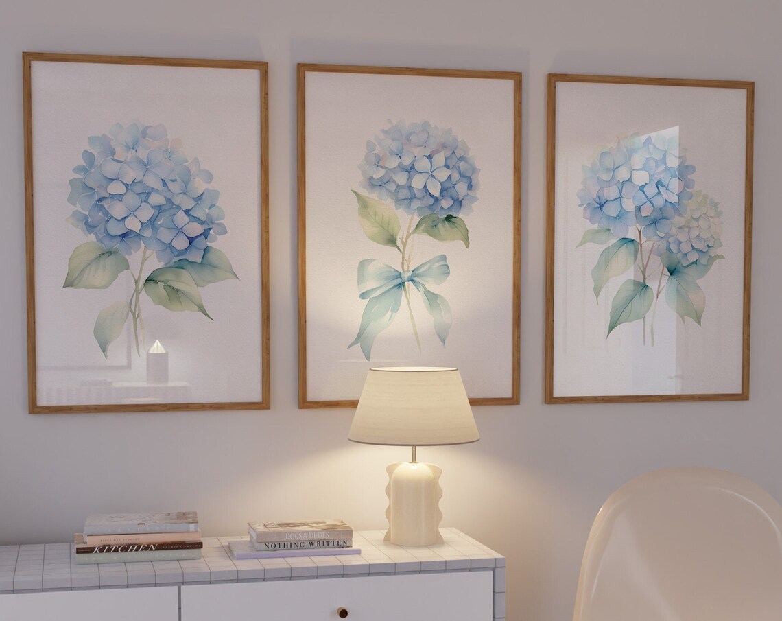 Light Blue Hydrangeas With Bow Set Of 3, Watercolor