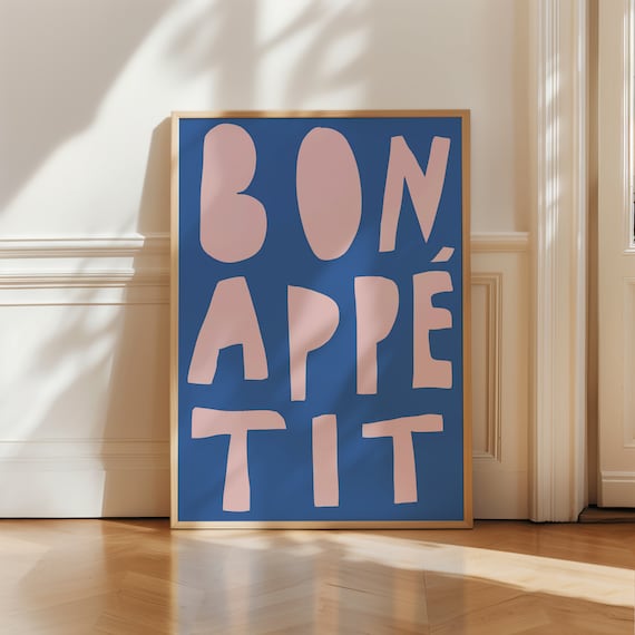 Bon Appetit Pink Typography On Navy Bold French Kitchen Poster