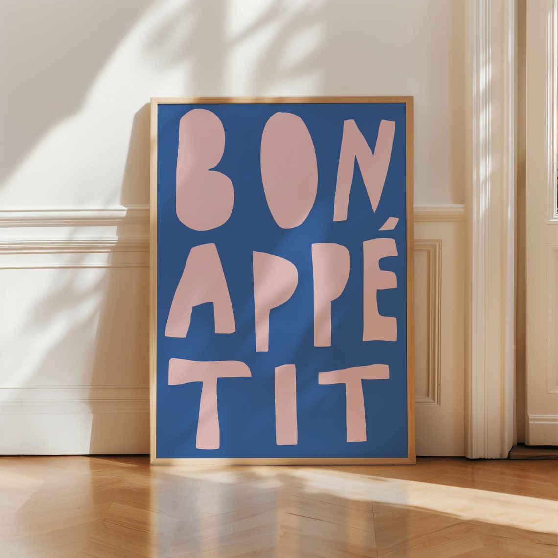 Bon Appetit Pink Typography On Navy Bold French Kitchen Poster