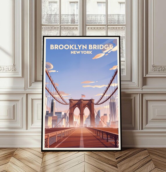 Brooklyn Bridge New York Retro Travel Landmark Skyline Poster