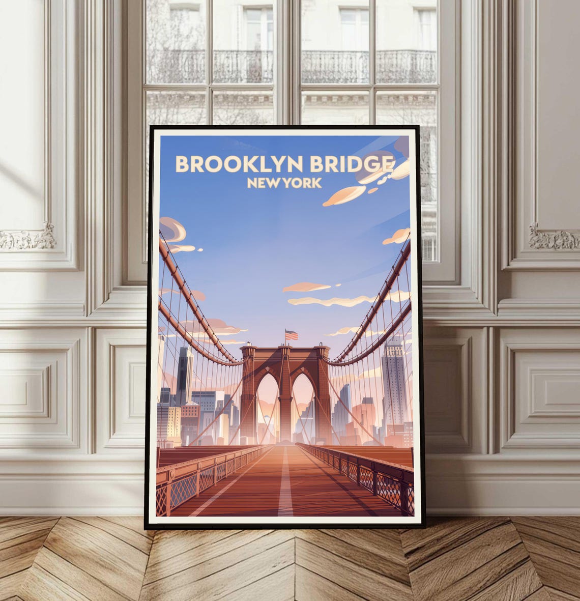 Brooklyn Bridge New York Retro Travel Landmark Skyline Poster