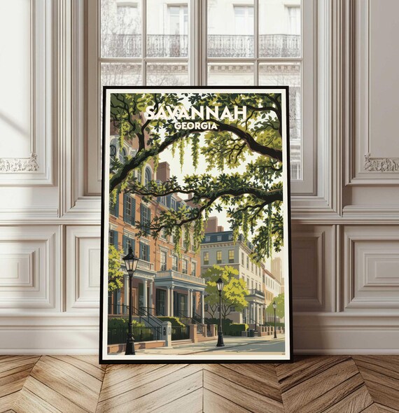 Savannah Georgia Spanish Moss Oaks Street Vintage Travel Poster