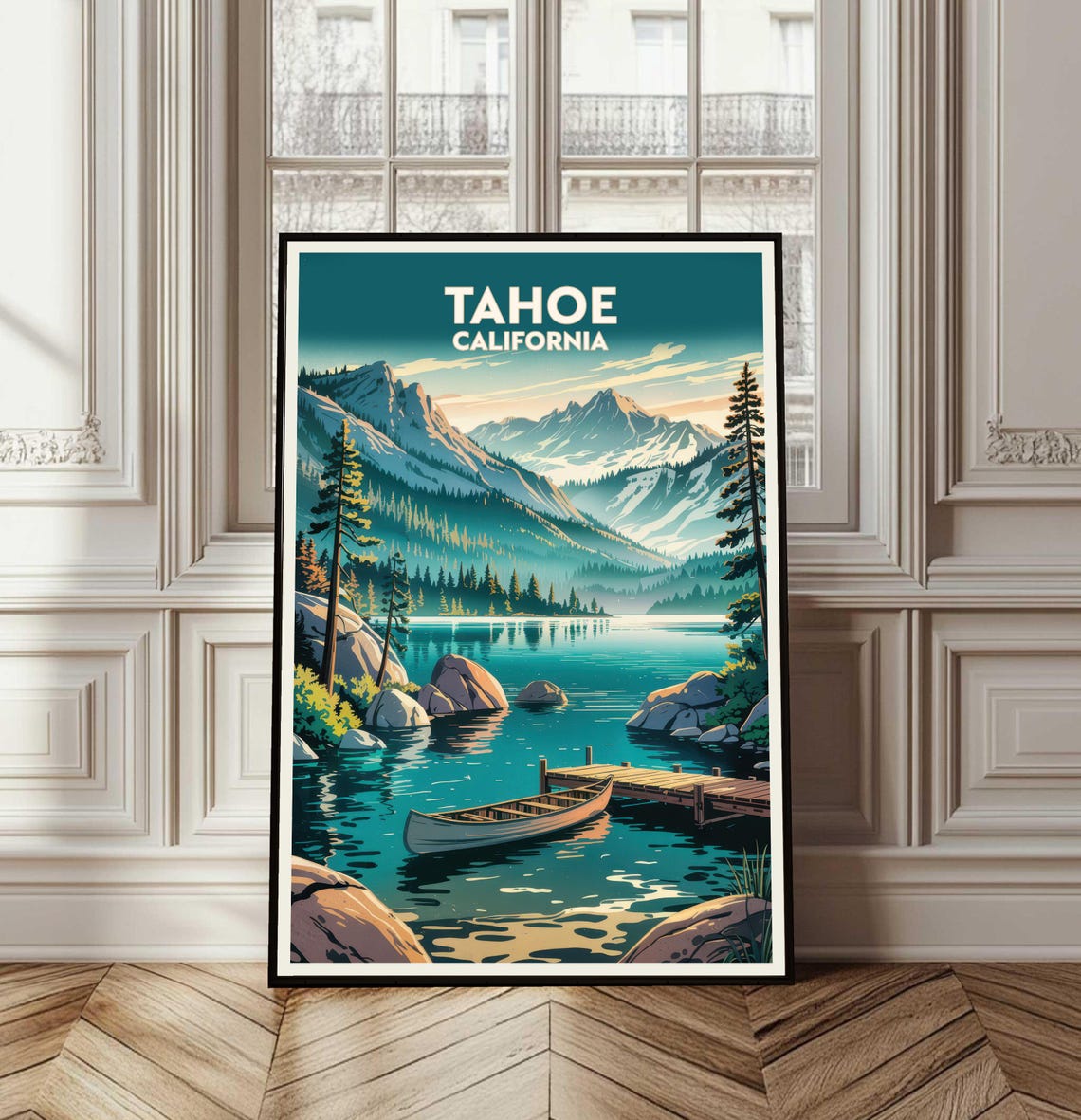 Tahoe California Vintage Travel Poster Lake Canoe Mountain View